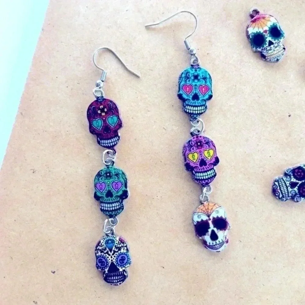 Sugar Skull Dia de los Muertos Mixed Style Drop Earrings Handmade